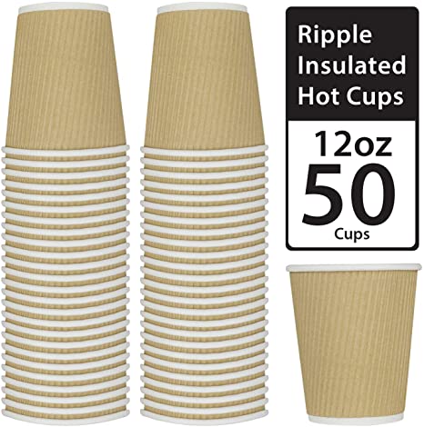Disposable Ripple Insulated Cup - 12oz 50 Pack Kraft Brown - Hot Beverage Drinking Cups - Insulated Corrugated Cups (50 Count, 12oz, Kraft)
