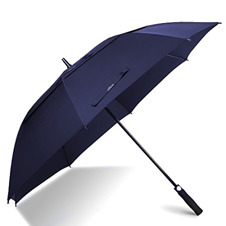 62 Inch Automatic Open Golf Umbrella - Extra Large Oversize Double Canopy Vented - 210T Teflon Rain Repellant Protection Sun, Rain, Sports - Windproof Waterproof Stick Umbrellas, Formal Blue