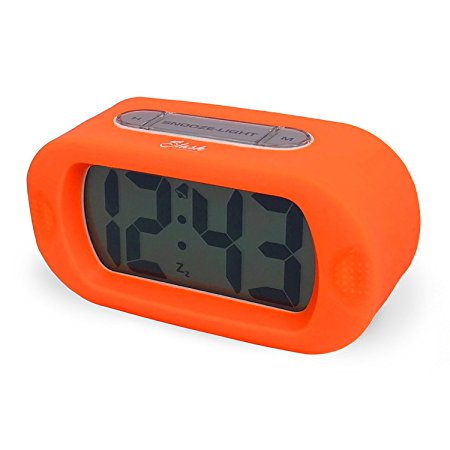 Slash Easy Setting Easy Read Silicone Protective Cover Digital Silent LCD Large Screen Bold Numbers Bedside Desk Alarm Clock with Snooze, Night Light Function, Battery Powered (Orange) S10110