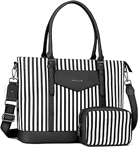 MOSISO Laptop Tote Bag for Women Compatible with MacBook Pro 16 inch, 15-15.6 inch Notebook, Waterproof Vertical Stripe PU Leather Travel Computer Bag with Envelope Pocket & Small Purse, Black