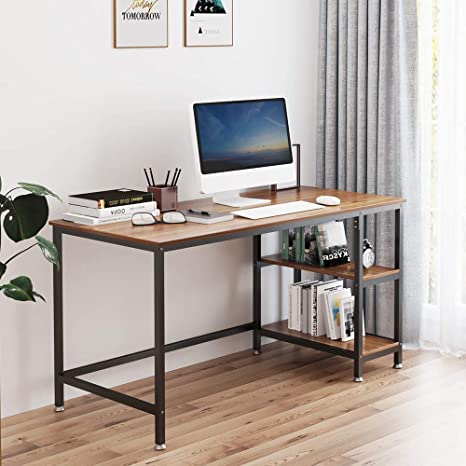 Yoleo Home Office Desk with 2 Shelves 47.2 inch Office Desk with Metal Legs Industrial Style Computer Desk Modern Steel Frame Wood Desk Compact Home Office Workstation Walnut