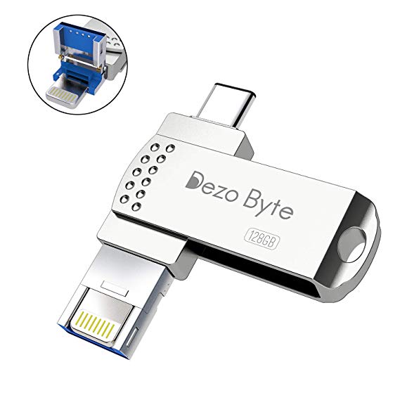 DezoByte USB Flash Drives for iPhone Memory Stick 128GB Photo Stick External Storage Thumb Dirve 3in1 Compatible iPhone /6/7/8/S/Plus/X/Xs Max iPad iOS MacBook USB C Android and PC -128GB (Silver)