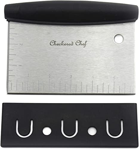 Dough Scraper and Chopper by Checkered Chef. Multi Purpose - Pastry Cutter, Icing Smoother, Bench Scraper. Stainless Steel with Plastic Cover.