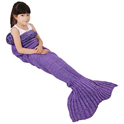 Mermaid Tail Blanket, Masall Hand Crochet Knitted Snuggle Warm Sofa Throw, All Seasons Soft Novelty Sleeping Bag for Kids Purple