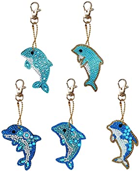 DIY 5D Diamond Painting Keychain for Kids and Adult,Full Drill Pendant Mosaic Making Key-Chains Key Ring,Phone Charm Bag Pendant Decor Accessory 5 Pack (Dolphin)