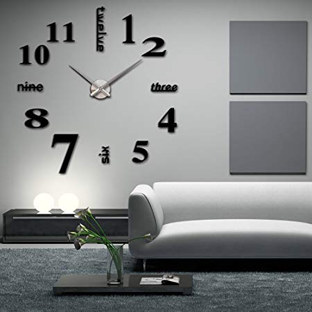 Elikeable Modern 3D Frameless Large 3D DIY Wall Clock Watches Hours DIY Decorations Home for Living Room Bedroom (black)