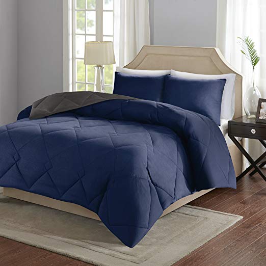 Comfort Spaces Vixie Reversible Goose Down Alternative Comforter Mini Set - 3 Piece – Navy and Charcoal – Stitched Geometrical Diamond Pattern – King size, includes 1 Comforter, 2 Shams