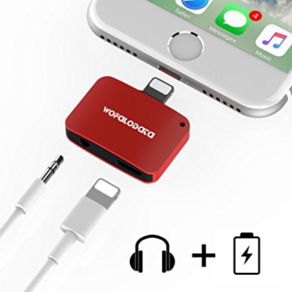 2 in 1 Lightning Adapter for iPhone 7/7 Plus,Wofalodata 2nd Generation Lightning to Aux 3.5mm Audio Headphone and Charge Cable Splitter Compatible for iOS 10.3 - Red