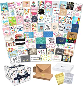 100 All Occasion Cards Assortment Box with Envelopes and Stickers - 100 Unique Designs Large 5x7 Inch Bulk Blank Greeting Notes in a Sturdy Card Organizer Box