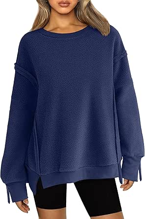 Zeagoo Women's Fuzzy Fleece Jackets Fall Long Sleeve Pullover Crewneck Sweatshirts Lightweight Side Split Sherpa Winter Coats