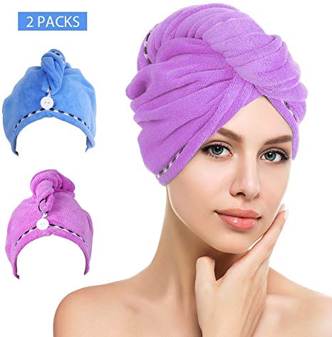 Htovila 2 Packs Hair Turban Towels, Soft Microfiber Quick Dry Hair Drying Towels, Luxury Absorbent and Lightweight Cotton for Women (Blue Purple)