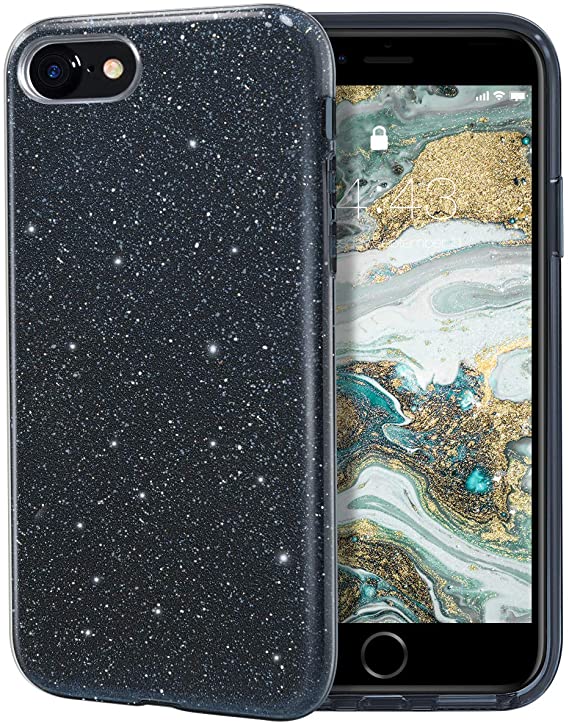 MILPROX Glitter case for iPhone SE (2020) iPhone 8 iPhone 7 4.7", Shiny Sparkle Bling, 3 Layer Hybrid Protective Soft Case - Black