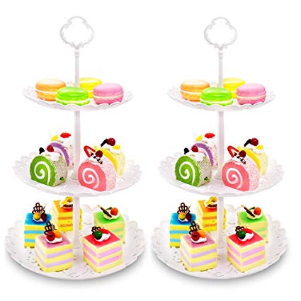 Imillet Two Pack of Three Tier Cake Stand Fruit Plate Plastic Stand of White for Cakes Desserts Fruits Dried Fruit Candy Buffet Stand for Wedding Home Holiday Birthday Party (big)