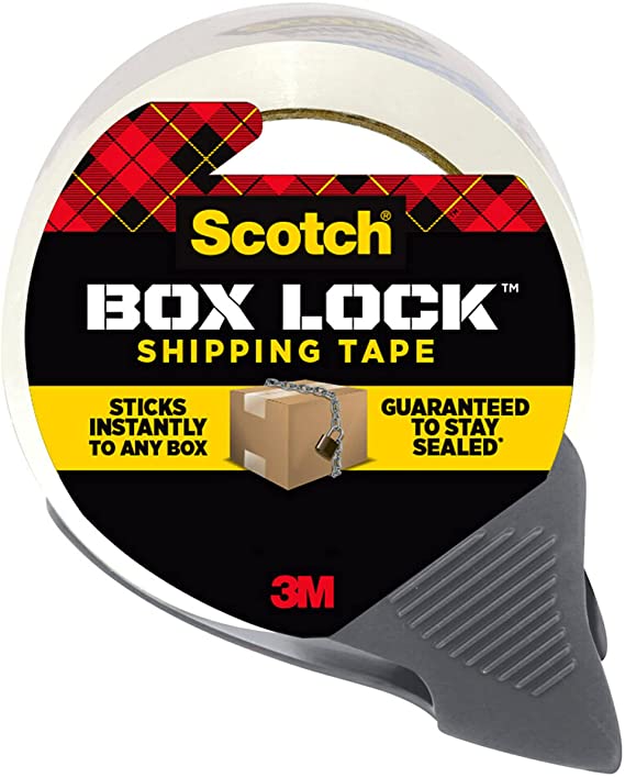 Scotch Box Lock Packaging Tape, 1 Roll with Dispenser, 1.88 in x 1965 in, Extreme Grip Packing, Shipping and Mailing Tape, Sticks Instantly to Any Box (3950-RD)