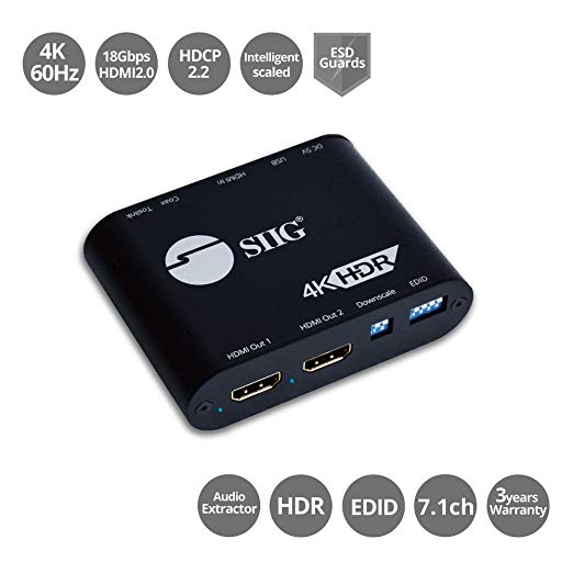 SIIG 1x2 HDMI 2.0 Splitter 4K 60Hz with HDMI Audio Extractor & Auto Downscaling (4K and 1080p Mixed Output) - HDCP 2.2, 18Gbps, YUV 4:4:4, 3D, EDID, Dolby Digital - 1 in 2 Out (CE-H24X11-S1)