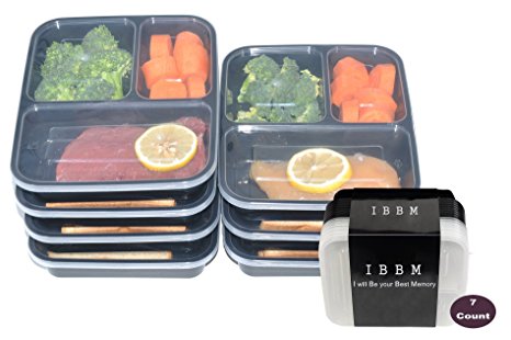 IBBM 7 Pack Reusable 3 Compartment Food Storage with Lids - Black