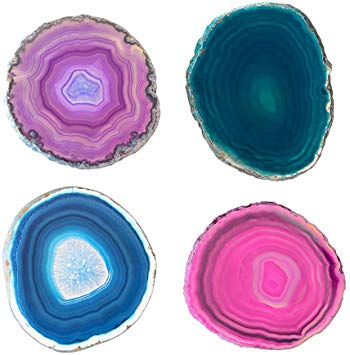 Natural Sliced Agate Coasters Set with Free Rubber Bumper - CXD-GEM Mixed 4 Color Large Stone Drink Coasters(3-3.5”) - Handmade Drink Mat for Home Decor