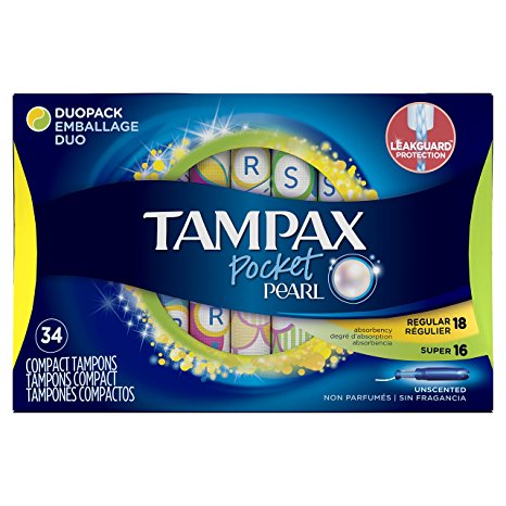 Tampax Pocket Pearl Duopack (Regular/Super) Plastic Tampons, Unscented, 34 Count (Packaging May Vary)