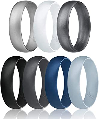 ROQ Silicone Wedding Ring for Men, Affordable 6mm Metallic Silicone Rubber Wedding Bands, Comfort Fit, Singles, 4 & 7 Packs - Black, Grey, Silver, Blue, White