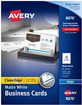 Avery Printable Business Cards, Inkjet Printers, 1,000 Cards, 2 x 3.5, Clean Edge, Heavyweight (8870), White