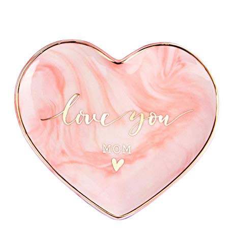 VILIGHT Mother of Bride and Groom Gifts from Daughter - Love You Mom Ring Dish - Marble Pink Heart Ceramic Jewelry Tray - Large Size 5.5 Inches