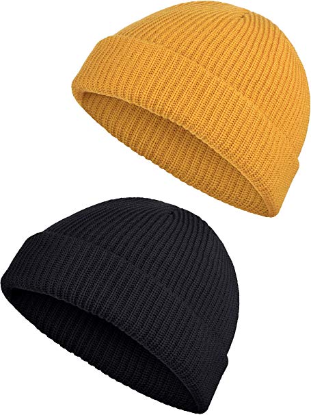 SATINIOR 2 Pieces Winter Trawler Beanie Hat Short Fisherman Skullcap Knit Cuff Beanie Cap for Men Daily Wearing