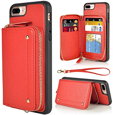 LAMEEKU Wallet Case for iPhone 7 Plus and 8 Plus, Zipper Leather Case with Credit Card Holder Slot Wrist Strap Kickstand, Shockproof Protective Cover for iPhone 7 Plus / 8 Plus 5.5'' - Red