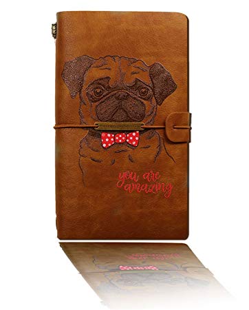 Refillable Leather Journal 2019 Dog Vintage Travel Journal Travelers Notebook with Line Paper  1 PVC Zipper Pocket  18 Card Holder for Women 4.7 X 7.9 in to Write in, Gift for Men & Women-Brown