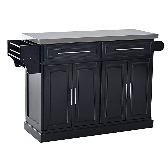 HomCom Modern Rolling Kitchen Island Storage Cart w/Stainless Steel Top - Black