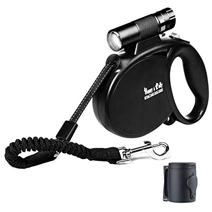 Happy & Polly Dog Leash Retractable Heavy Duty 16.4 ft Strong Nylon Tape Dog Walking Leash with Flashlight Detachable/Protective Bungee Leash/Magic Box Dispenser/Poop Bags