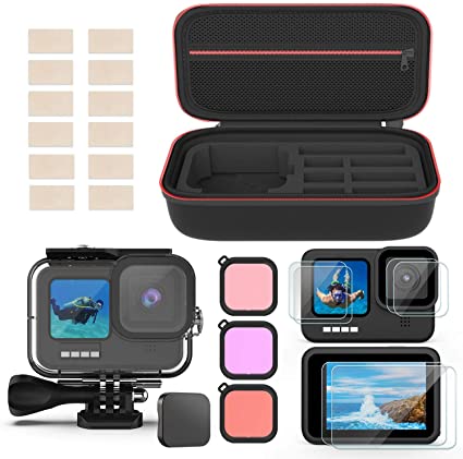 Deyard Accessories Kit for GoPro Hero 9, Shockproof Carry Bag   Waterproof Case   Tempered Glass Screen Protector   Snorkel Filter Bundle