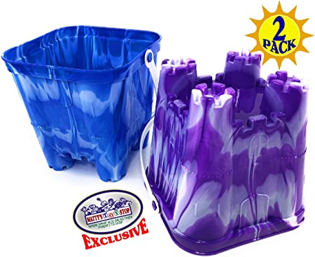 Matty's Toy Stop Beach Gear 7" Plastic Castle Mold Sand Buckets (Pails) Blue Swirl & Purple Swirl Party Set Bundle - 2 Pack
