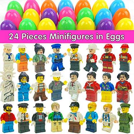 MAXSASI 24 Pcs Easter Eggs Filled with Minifigure Toy Inside, Assortment of Building Bricks Community People Easter Party Favors Stocking Stuffers for Kids Building Blocks Educational Toy Gift