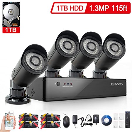 ELECCTV 4-Channel 720P Security System 1080H Video DVR with 1TB Surveillance Hard Disk Drive and (4) 2000TVL Weatherproof Cameras with SMD LEDs Night Vision
