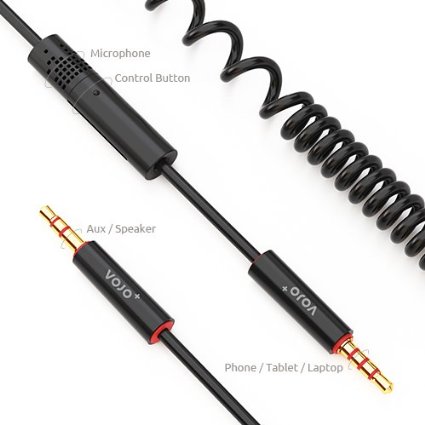 VOJO Male to Male Tangle-Free Coiled Auxiliary Cord with 3.5mm Gold Jack and Mic, 4 Feet (1.2 Meters) - Black