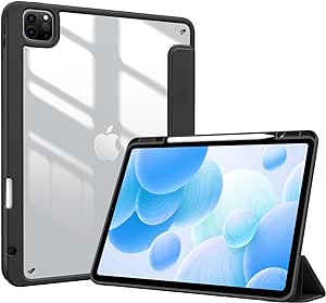 ProCase Smart Case for iPad Pro 12.9 Case 6th/5th/4th/3rd Generation 2022/2021/2020/2018, Transparent Back Shell Cover with Built-in Pencil Holder, Auto Sleep/Wake for iPad Pro 12.9 Inch -Black