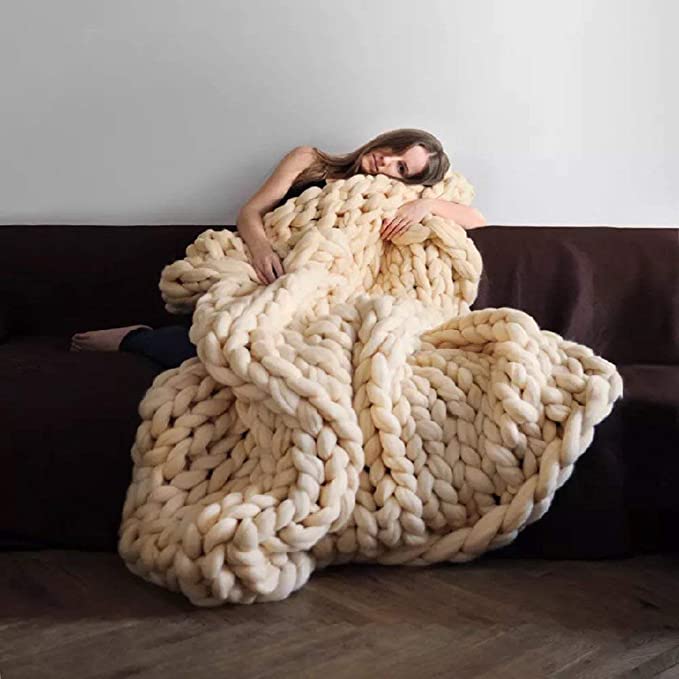 eacho Chunky Knit Blanket Handmade Bulky Sofa Pet Mat Soft Knitting Throw Bed Rug Blanket Bedroom Decor(Beige,Sofa Throw 32"x32")