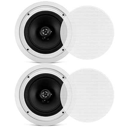 Pyle 8” Ceiling Wall Mount Speakers - Pair of 2-Way Midbass Woofer Speaker 70v Transformer Directable 1” Titanium Dome Tweeter Design w/ 55Hz-22kHz Frequency Response & 300 Watts Peak - Pyle PDIC80T White