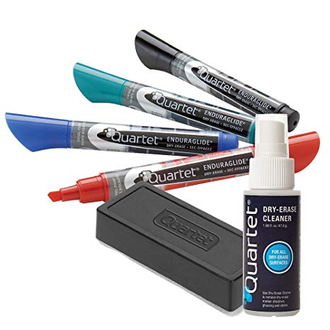 Quartet EnduraGlide Accessory Kit, 4 Chisel-Point Dry Erase Markers in Mixed Colors, with Eraser and Cleaning Spray (5001M-4SK)