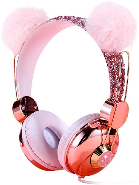 Kids Headphones, Wired Over Ear 85dB Volume Limiting Headphone for Kids Girls Children Teens School, Pink Plush Bear Ear Sparkly Headband Anime Headphones with MIC for Cell Phones Tablets MP3/4