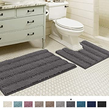 Non Slip Thick Shaggy Chenille Bathroom Rugs, Bath Mats for Bathroom Extra Soft and Absorbent - Striped Bath Rugs Set Plush Shower Rug   Toilet Mat (Set of 2-20" x 32"/20" x 20"U) Gray