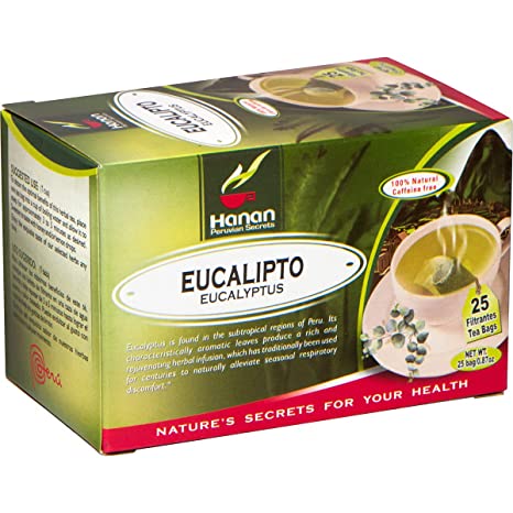 Hanan Eucalyptus Tea (Hojas de Eucalipto) - 25 Tea Bags - Dried Eucalyptus Leaves from Peru – Herbal Tea for Essential Respiratory Comfort, Fresh Taste No Seeds Stems or Branches | Peruvian Naturals
