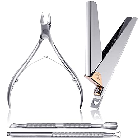 4 Pieces Cuticle Trimmer Nail Nipper for Acrylic Includes Cuticle Trimmer Nail Nipper, False Nail Clipper, Stainless Steel Cuticle Pusher Cuticle Peeler for Ingrown Toenails Nail Care (Silver)