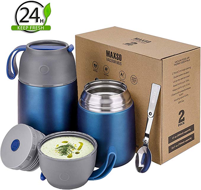 2 Pack Thermos Food Jar Soup Thermos For Kids Vacuum Insulated Lunch Containers for Hot Food 24 oz and 17 oz Stainless Steel Flask Containers Hot Cold Meals Soup Bowls, Baby Food Storage (Dark Blue)