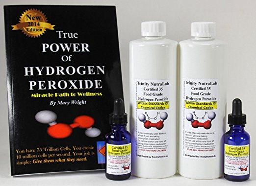 Trinity NutraLab two 16oz Bottles of 35% Food Grade Hydrogen Peroxide + 2 Pre-filled h2o2 Dropper Bottles + The True Power of Hydrogen Peroxide, Miracle Path to Wellness, By Mary Wright