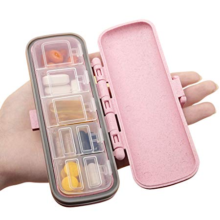 Small Pill Organizer-Airtight Pill Box, Small Pill Dispenser Home Travel Supplement Holder Portable Vitamin Sorter 7 Compartment Airtight Vitamin Container Daily Medicine (Pink)