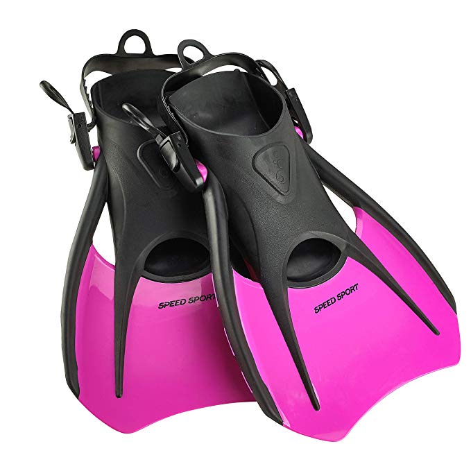 Phantom Aquatics Sport Snorkel Fins, Adjustable Travel Size Short Swim Fins for Snorkeling Diving Adult Men Womens Scuba Open Heel Swimming Flippers