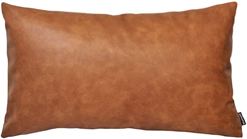 HOMFINER Faux Leather Lumbar Throw Pillow Cover 12x20 Decorative Bedroom Living Room Modern Boho Accent Rectanglar Cognac Brown Small Cushion Case for Bed Sofa Couch