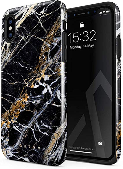 BURGA Phone Case Compatible with iPhone X/XS - Black and Gold Onyx Marble Golden Stone Cute Case for Women Heavy Duty Shockproof Dual Layer Hard Shell   Silicone Protective Cover