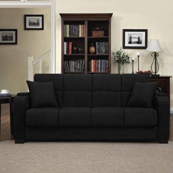 Tyler Microfiber Storage Arm Convert-a-couch Sofa Sleepr Bed, Black, Designed with a Storage Area and Cup Holder Built Into Each Arm